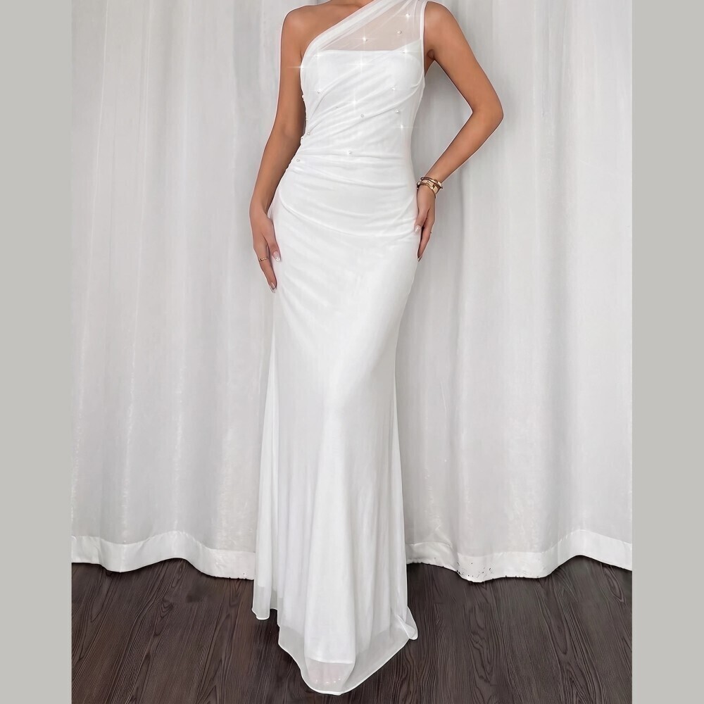 White Sheer Mesh One Shoulder Pearl Embellished Ruched Maxi Dress